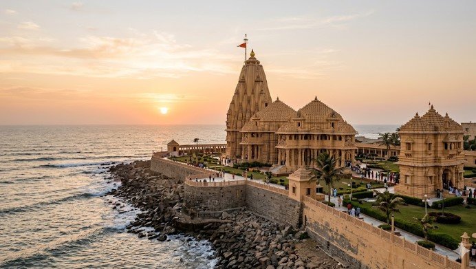 Wide view of Somnath Temple by the sea